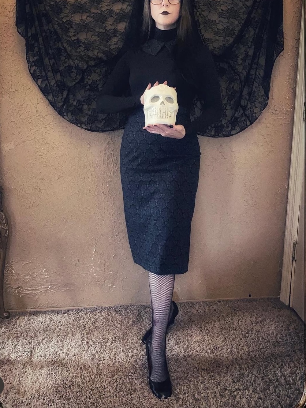 Handmade Cotton Skull Damask Wallaper Print Pin Up Pencil Skirt